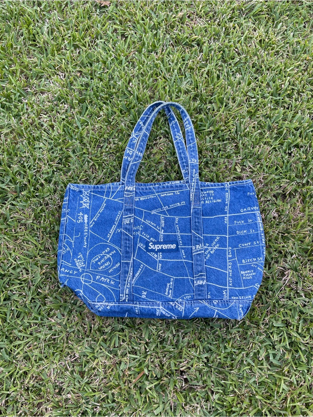 Supreme Blue Denim Map Print Tote